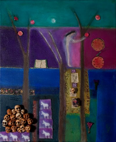 Eva e Romã, 2011 (óleo e colagem sobre tela) de Roya Salari